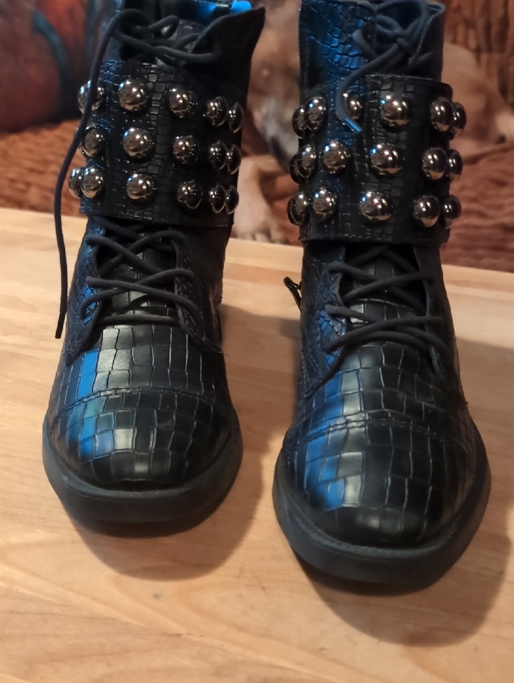 SCHUTZ Black Crocodile Embossed Leather Booties.